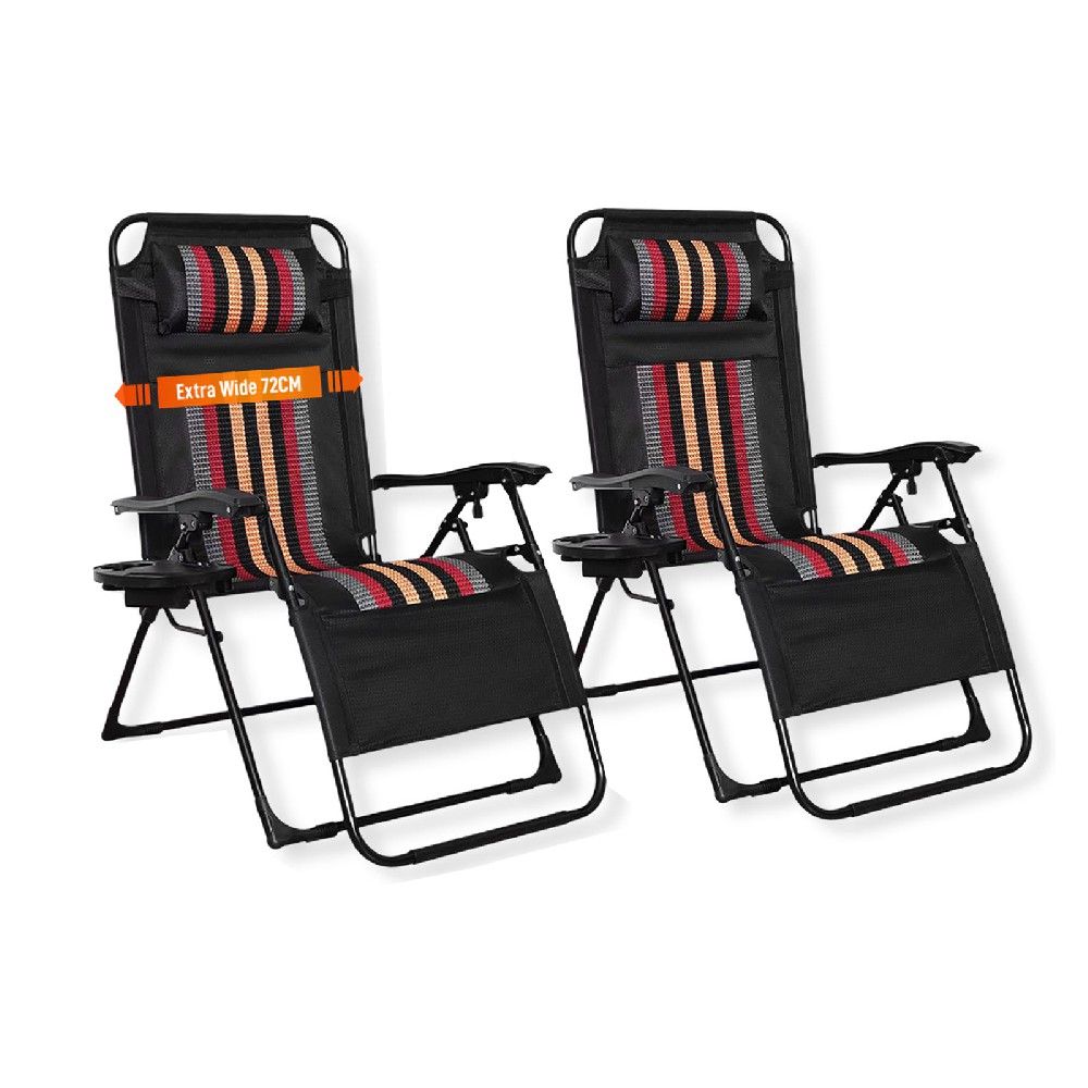 Set of 2 Sun Lounger Garden Chairs With Cup and Phone Holder - Deck Folding Recliner Zero Gravity Outdoor Chair